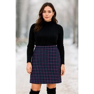 Talbots Plus SZ 18W Wool Blend Check Plaid Mini Skirt in Black-Pink-Aqua